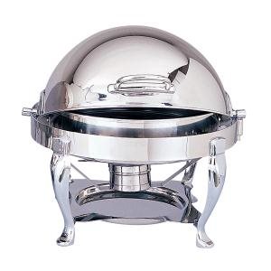 A sleek, chrome-finished round modern chafer with a roll-top lid, perfect for keeping food warm at events like buffets, weddings, and corporate gatherings.