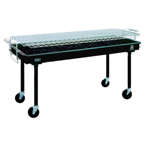 A 5-foot charcoal barbecue grill designed for outdoor events, featuring a large grilling surface for catering and parties.