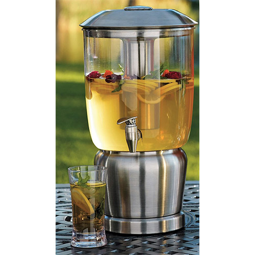 A 3-gallon beverage dispenser made of acrylic and stainless steel, offering a stylish and durable design for serving drinks at large events.
