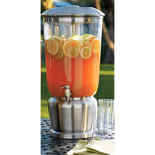 A 5-gallon beverage dispenser made of acrylic and stainless steel, designed for large gatherings, offering both style and durability for event beverage service.