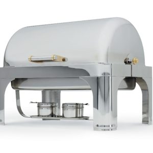 A sleek chrome and brass chafer with a roll top lid, designed to keep food warm and easily accessible for events such as buffets, weddings, and corporate gatherings.