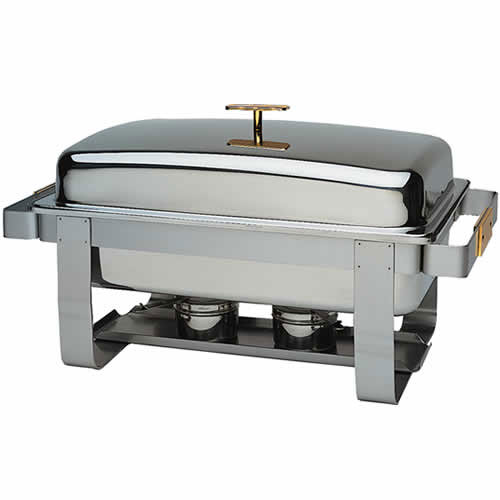 A high-quality chafer featuring a chrome and brass finish, designed to keep food warm at various events such as buffets, weddings, and corporate gatherings.