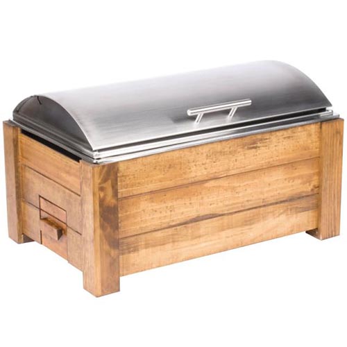A rustic chafer with an 8-quart capacity featuring wood and metal accents, ideal for themed or upscale events.