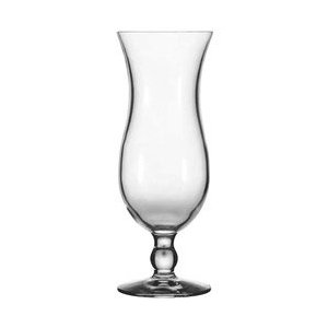 A 15oz Hurricane glass filled with a colorful tropical cocktail, garnished with a slice of pineapple and a cherry, perfect for weddings, beach parties, and themed events.