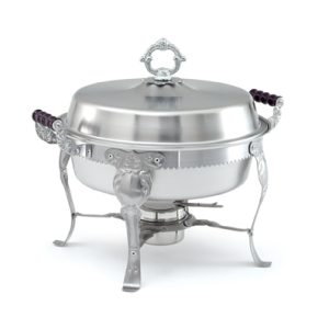 A fancy round stainless steel chafer with a 6-quart capacity, ideal for soups, sauces, and side dishes in elegant buffet settings.