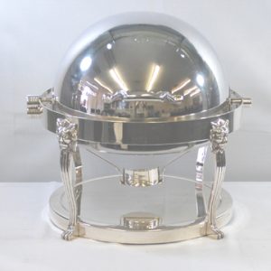 A polished silver round chafer with a roll top lid, designed to keep food warm and fresh for events. Perfect for serving soups, stews, and side dishes.